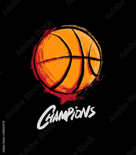 a basketball illustration on a black background with champions is written underneath. the hand-drawn drawing of a sports item collection. © freeject.net