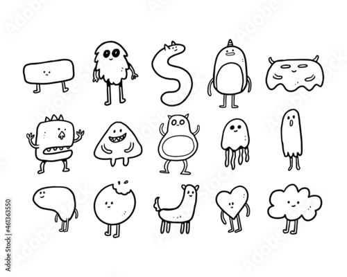 set of monster doodle illustrations. the hand-drawn drawing of funny characters for an avatar, sticker, coloring, etc.