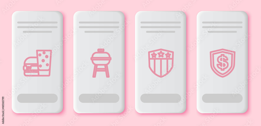 Set line Burger, Barbecue grill, Shield with stars and dollar. White rectangle button. Vector