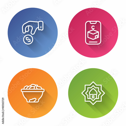 Set line Donate or pay your zakat, Star and crescent, Date fruit in bowl and Muslim Mosque. Color circle button. Vector