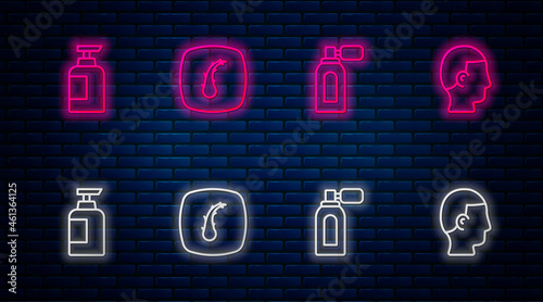 Set line Human hair follicle, Aftershave with atomizer, Bottle of shampoo and Hairstyle for men. Glowing neon icon on brick wall. Vector