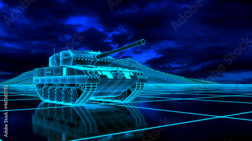 a neon glowing tank in a digital world (3d rendering)