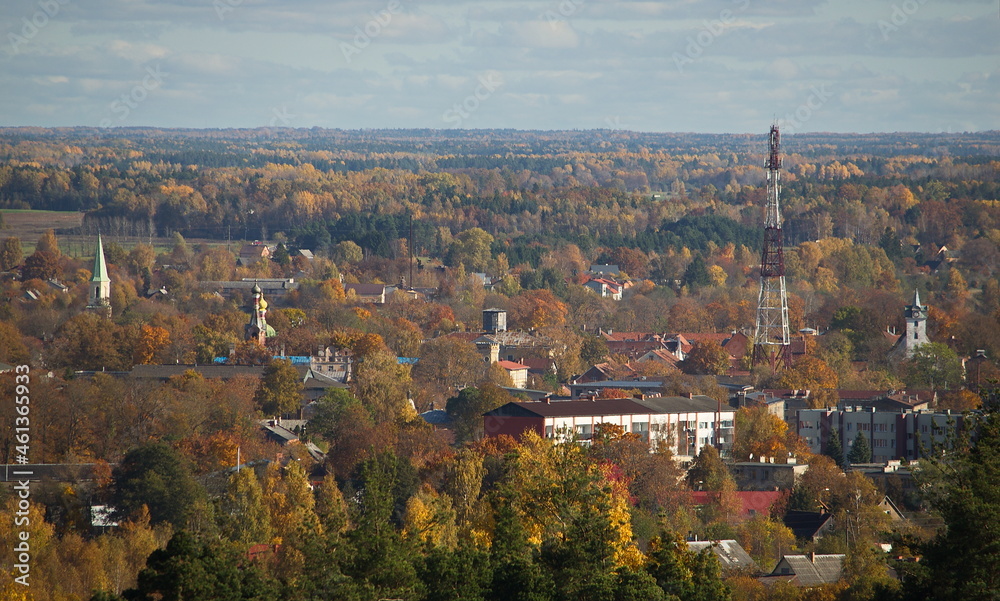 Aerial view of Kuldiga town in sunny autumn day, Latvia.