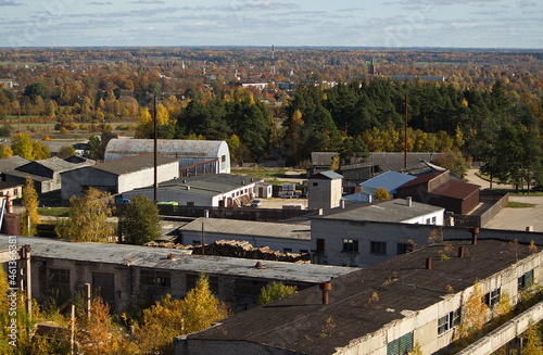 Aerial view of old industrial buildings in autumn day, Kuldiga, Latvia. © Bargais