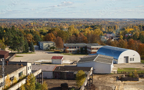 Aerial view of old industrial buildings in autumn day, Kuldiga, Latvia. photo