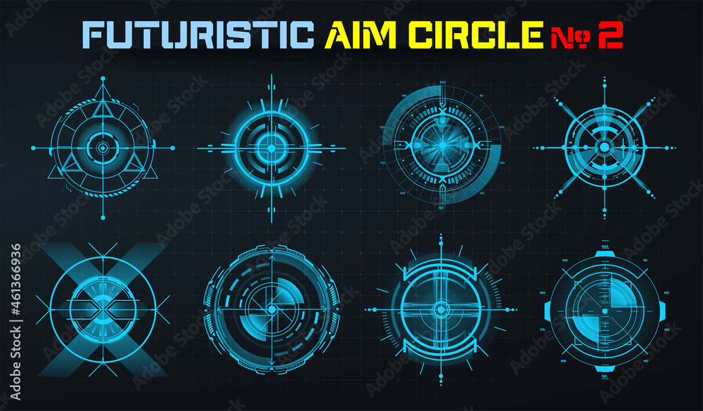 Modern aiming system ui, ux, hud. Futuristic optical aim target and hologram frames. Military collimator sight, gun targets focus range indication. A set of abstract circles, digital technologies