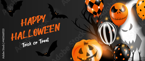 Halloween background vector. Halloween sale and promotion banner design with 3D Ghost and scary air balloons, bat, candy, spider. Website and trick or treat poster background template. Vector EPS10.