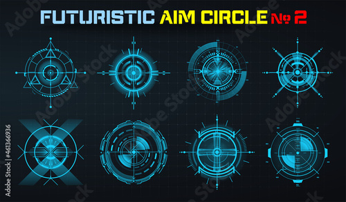 Modern aiming system ui, ux, hud. Futuristic optical aim target and hologram frames. Military collimator sight, gun targets focus range indication. A set of abstract circles, digital technologies