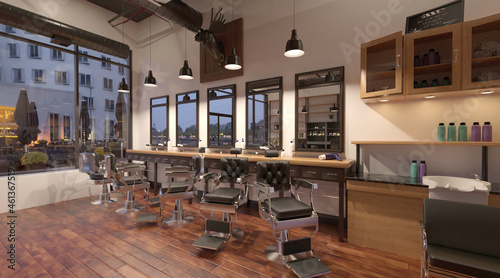 Barber shop interior 3d illustration