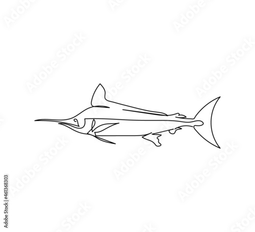 Marlin, swordfish, tuna continuous line drawing. One line art of predatory fish, seafood, marine animals.