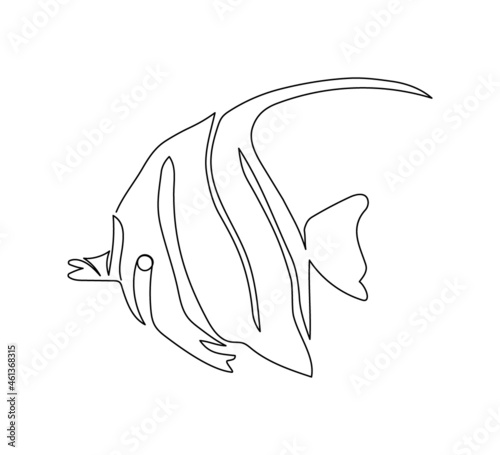 Moorish idol, zanclus cornutus continuous line drawing. One line art of reef fish, seafood.