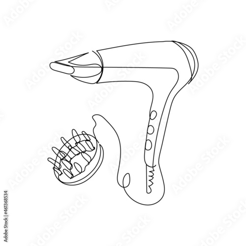 Hair dryer with attachment for curly hair continuous line drawing. One line art of home appliance, bathroom, dry hair, styling, hairdressing supplies.