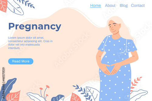 Pregnancy landing page. Flat pregnant woman with heart sign on belly on white floral outdoor background website template. Smiling lady expectant a baby hold belly. Cartoon maternal vector illustration