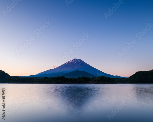Morning light over Mount Fuji from lake Shoji, Yamanashi Prefecture, Japan