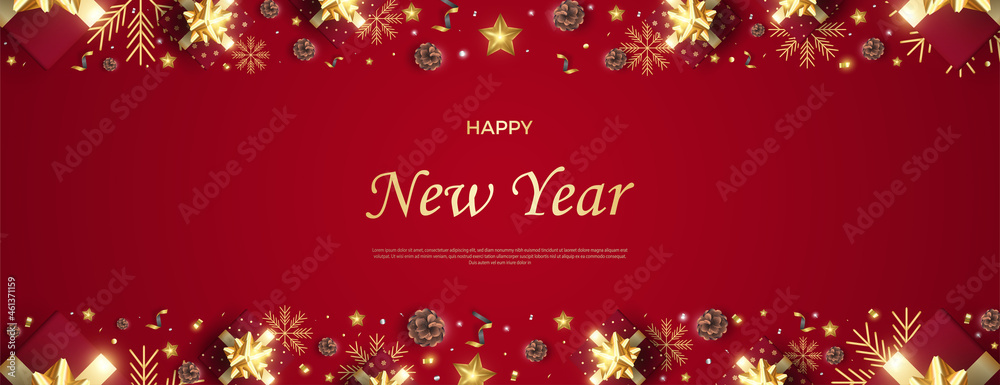 happy new year with greeting top and bottom decoration.