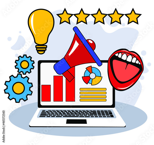 PR, Marketing campaign, Public relations. announcements through mass media to advertise your business. Vector illustration for web banner, mobile. Management and marketing strategy