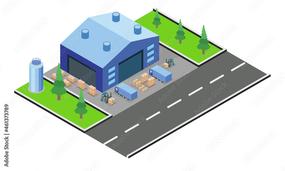 Modern flat design isometric illustration of Warehouse service, delivery service, Storehouse with boxes for shipping, trucks, forklifts with cargo. Vector illustration eps10