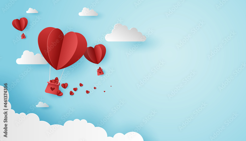 Paper art of love and valentine day with paper heart balloon and gift box float on the blue sky. can be used for Wallpaper, invitation, posters, banners. Vector design