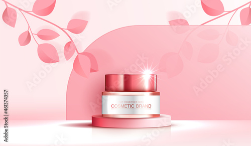 Cosmetics or skin care product ads with bottle, banner ad for beauty products and leaf background glittering light effect. vector design