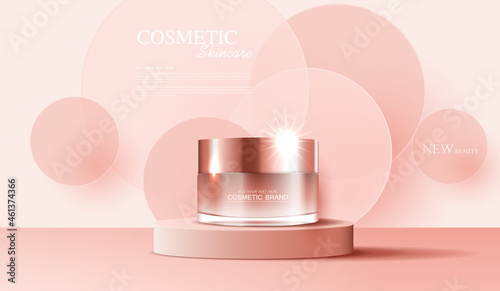 Cosmetics or skin care product ads with bottle, banner ad for beauty products , pink color background glittering light effect. vector design