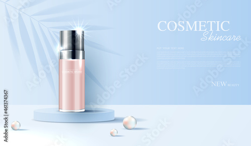 Cosmetics or skin care product ads with bottle, banner ad for beauty products, leaf and pearl background glittering light effect. vector design