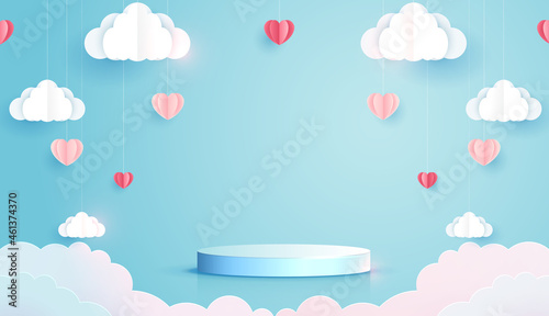 Paper art of love and valentine day with paper heart and cloud float on the blue sky. podium display for product presentation branding and packaging. studio stage. vector design