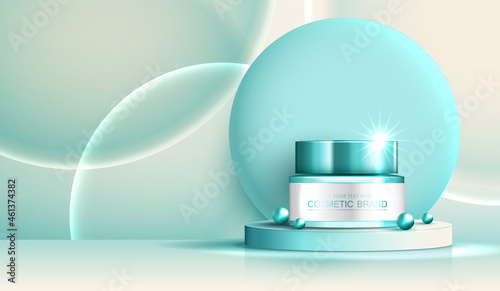 Cosmetics spa or skin care product ads with bottle, banner ad for beauty products ,pearl and bubble on background glittering light effect. vector design