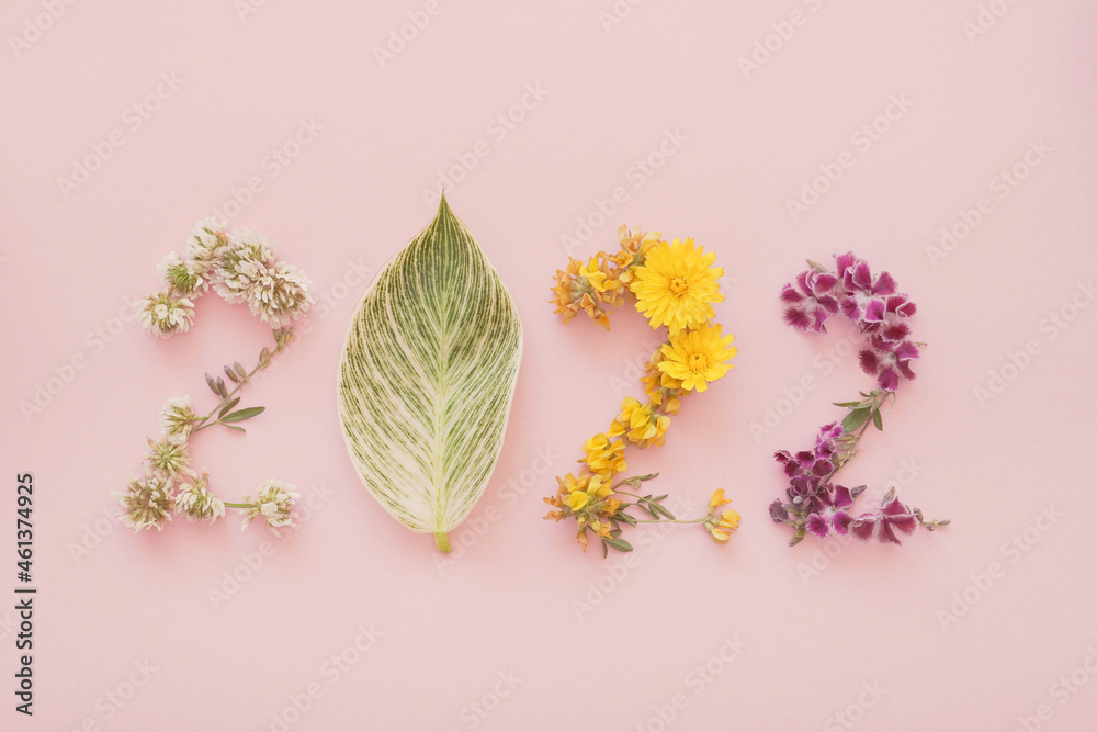 2022 made from natural plants, leaves and flowers, Happy New Year wellness and healthy lifestyle resolutions, holidays retreat and spa concept - obrazy, fototapety, plakaty 