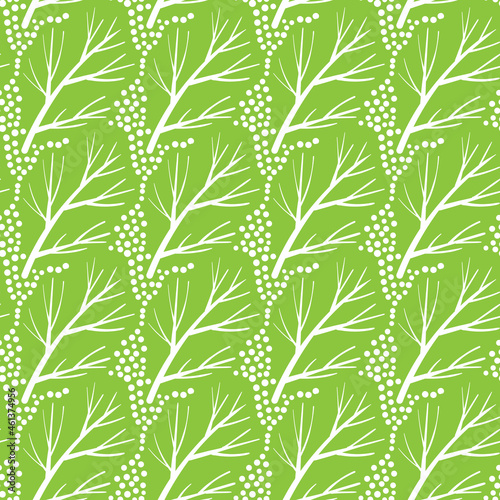 Hand drawn floral seamless pattern. Branch with young green foliage. Spring  summer  Easter design. Polka dot backghound