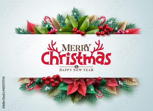 Merry christmas greeting text vector background. Christmas typography in empty space with xmas garland ornament colorful elements for holiday season card decoration. Vector illustration. 