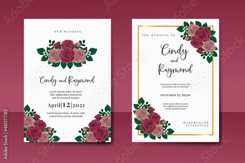 Wallpaper Mural Wedding invitation frame set, floral watercolor Digital hand drawn Maroon Rose Flower design Invitation Card Template Torontodigital.ca