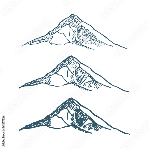 set of mountains peaks, vintage, old looking hand drawn, sketch, different versions for hiking, climbing. Vector