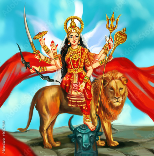 Indian Goddess Sherawali Maa with Tiger illustration Navratri Durga Maa With Red Cloth Flying photo