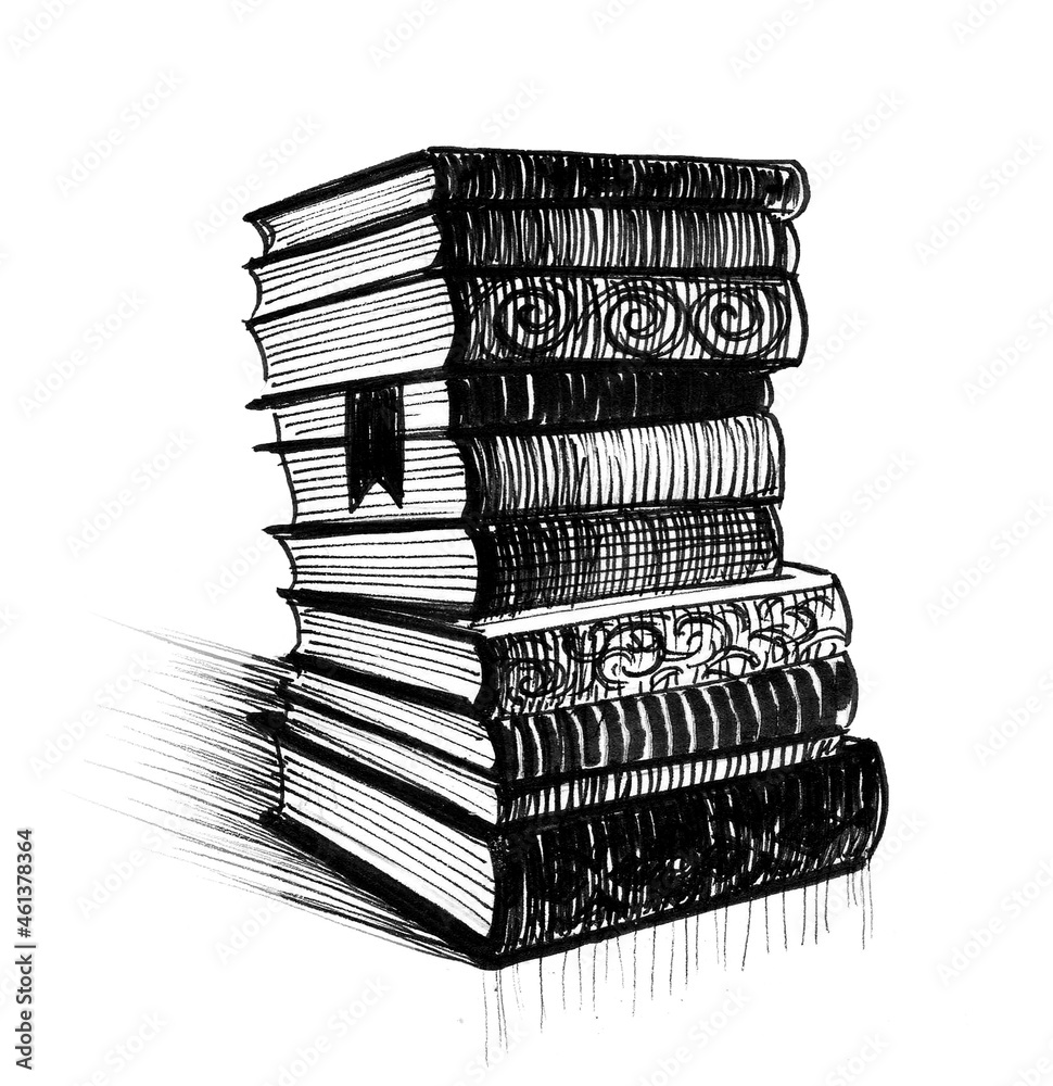 Fototapeta premium Stack of old books. Ink black and white drawing