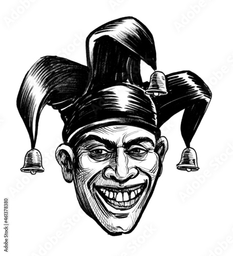 Obraz na płótnie Laughing jester head. Ink black and white drawing