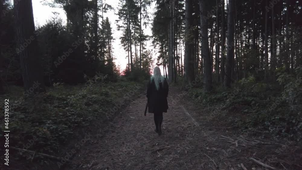 Woman in a coat walking along a forest path in the middle of nature at sunset in autumn Woman in a coat walking along a forest path in the middle of nature at sunset in autumn