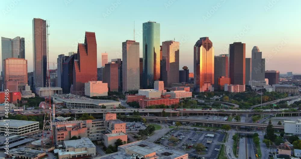 Stunning Aerial View of Downtown Houston at Sunset 4K Drone Footage