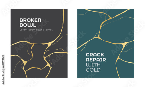 Kintsugi Broken Ceramic Gold Crack Repair Abstract Lines Vector Design Poster