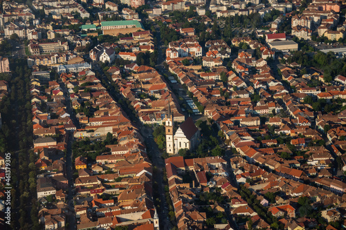 ROMANIA ,Bistrita, Panoramic aerial view and Evangelical Church, august 2020