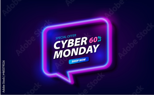 Cyber monday sale offer promotion banner digital glow purple and blue neon techno electric