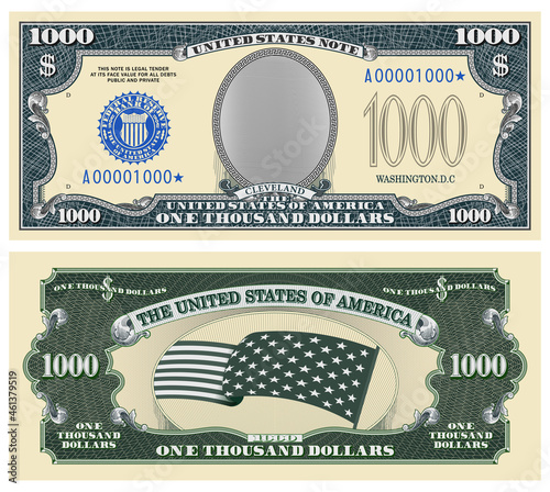 Fictional template obverse and reverse of US paper money. One thousand dollar banknote. Empty oval, stars-striped flag and guilloche frames. Cleveland