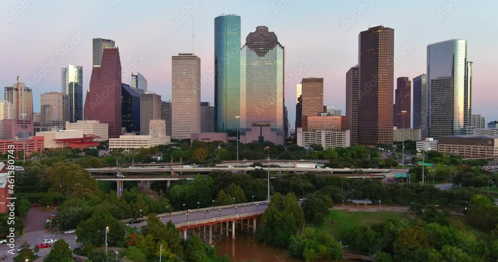 Aerial view of downtown Houston during golden hour Aerial view of downtown Houston during golden hour