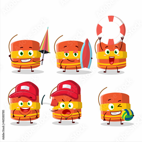 Happy Face cylindrical firecracker cartoon character playing on a beach