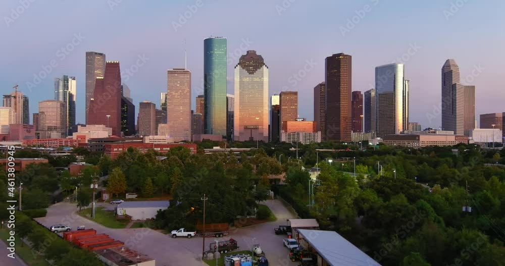 Aerial view of downtown Houston during golden hour