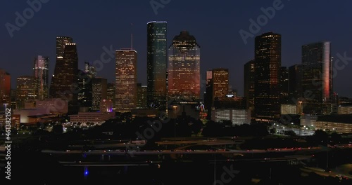 Aerial view of downtown Houston at night