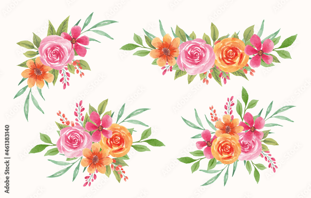 Set of watercolor floral arrangement with colorful flowers
