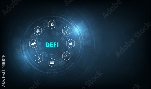 Decentralized finance(DeFi) concept.Composition of cryptocurrency with digital asset vector on dark blue background.Futuristic decentralized financial system. 