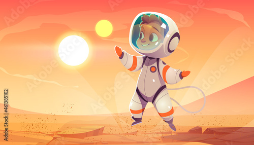 Cute spaceman on Mars surface. Vector cartoon alien planet landscape with red ground and mountains and boy astronaut in spacesuit. Futuristic illustration of cosmonaut in martian desert © klyaksun