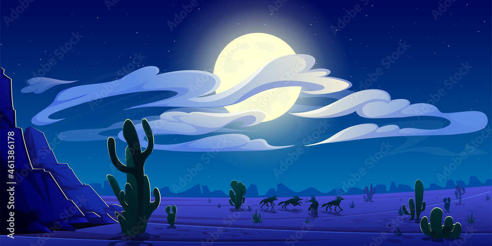 Arizona night desert landscape, natural wild west background with coyote pack silhouettes run on through cacti and rocks under cloudy sky with full moon shining, game scene Cartoon vector illustration - obrazy, fototapety, plakaty 