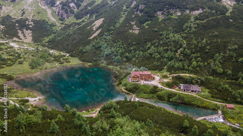 Aerial view of the lake Zelene pleso in the High Tatras in Slovakia